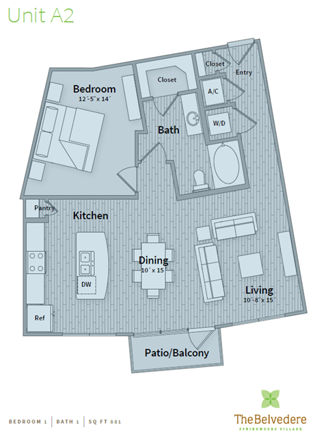Floor plan for 1 bed, 1 bath, 881 sqft